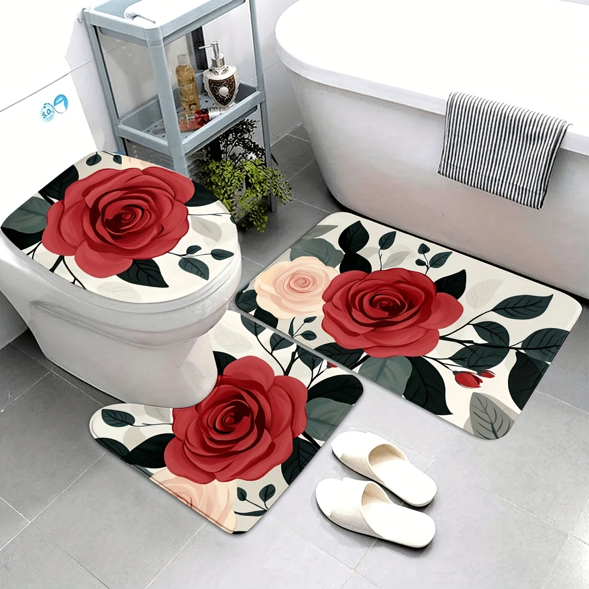 

3-Piece Valentine's Day Bathroom Mat Set - Machine Washable, Non-Slip Mat, U-Shaped Mat, Toilet Seat Mat for Bathroom Decoration