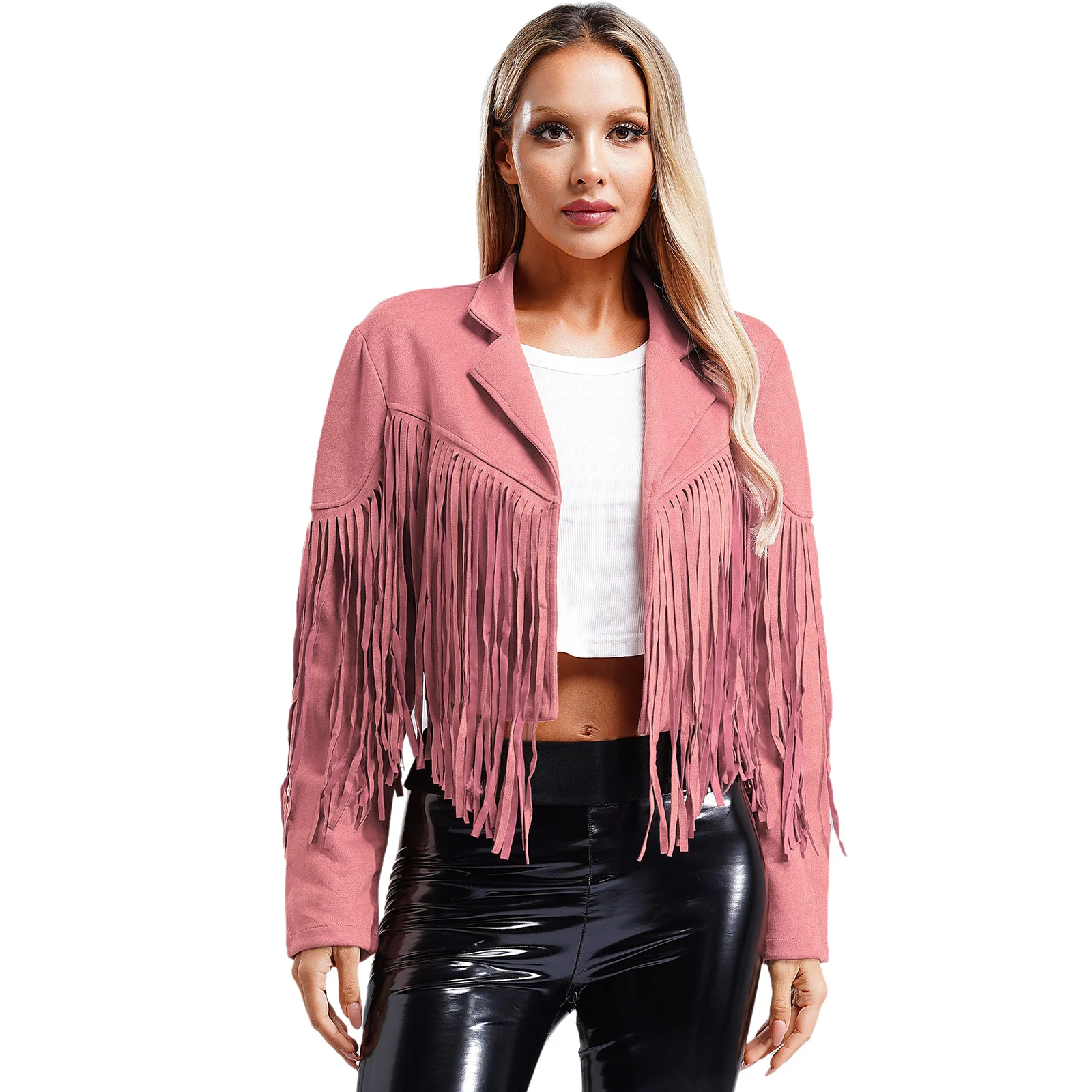 Womens Gothic 80s Hippie Coat Fringe Faux Suede Cropped Jackets Long Sleeve Open Front Cardigan Party Cowgirl Costume Outerwear