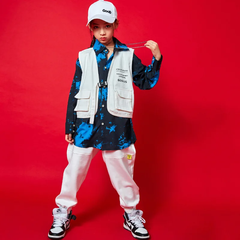 Children's Clothing Boys New Blue Tie-dye Shirt White Waistcoat Elastic Waist Letter Print Trouser 3pcs Jazz Dance Girls Costume