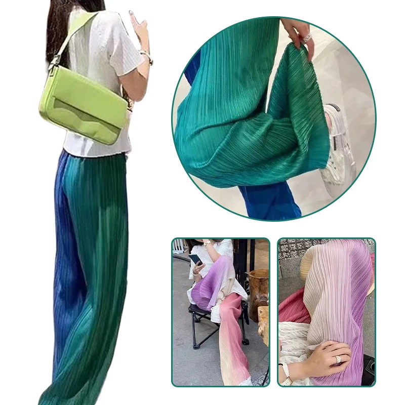 Two-color Gradient Wide Pants 2024 New Spring Summer Women Trousers Fashion Pleated Elastic High Waist Loose Drape Straight Pant