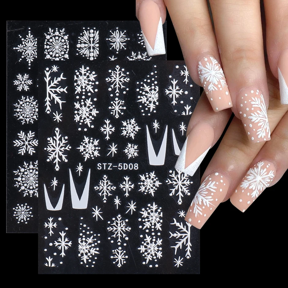 5D Winter Christmas Nail Art Decoration Sticker Embossed Charms Snowflakes French Nail Design Gel Polish Manicure Decals GLSTZ5D