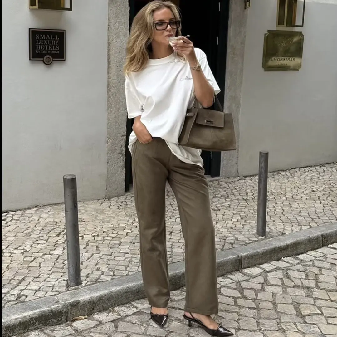 Slimming High Waist Straight Leg Micro Flared Long Pants Women's PU Leather Basic Sle Simple Design Autumn Faion Trend