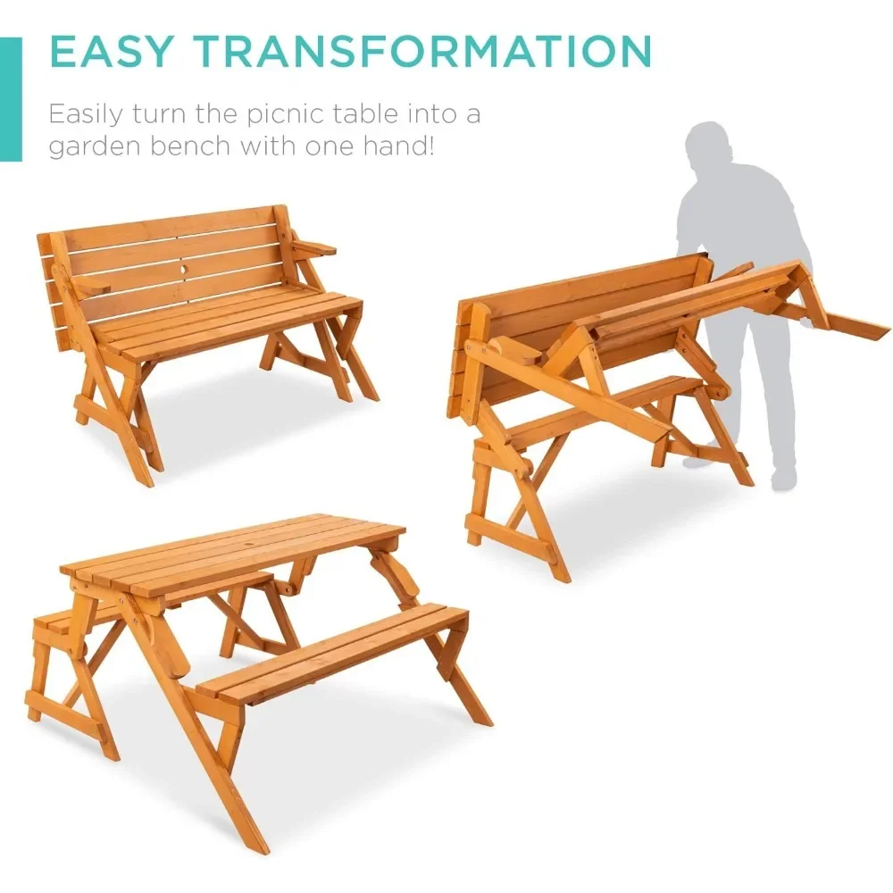 2-in-1 Transforming Interchangeable Outdoor Wooden Picnic Table Garden Bench for Backyard, Porch, Patio