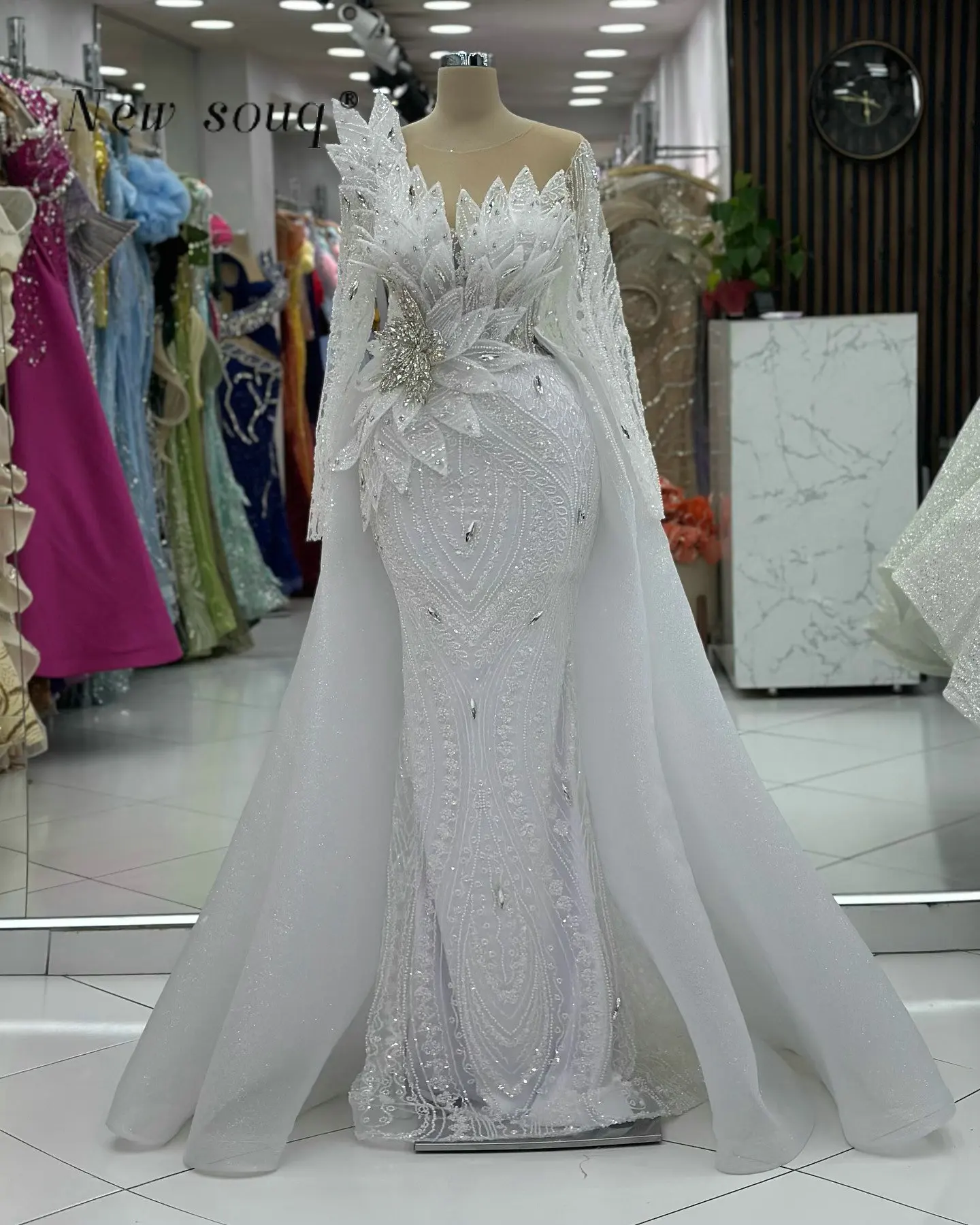 Customized 2 In 1 White Long Sleeves Evening Dresses Crystals 3D Leaf Formal Wedding Prom Party Gowns Elegant for Women