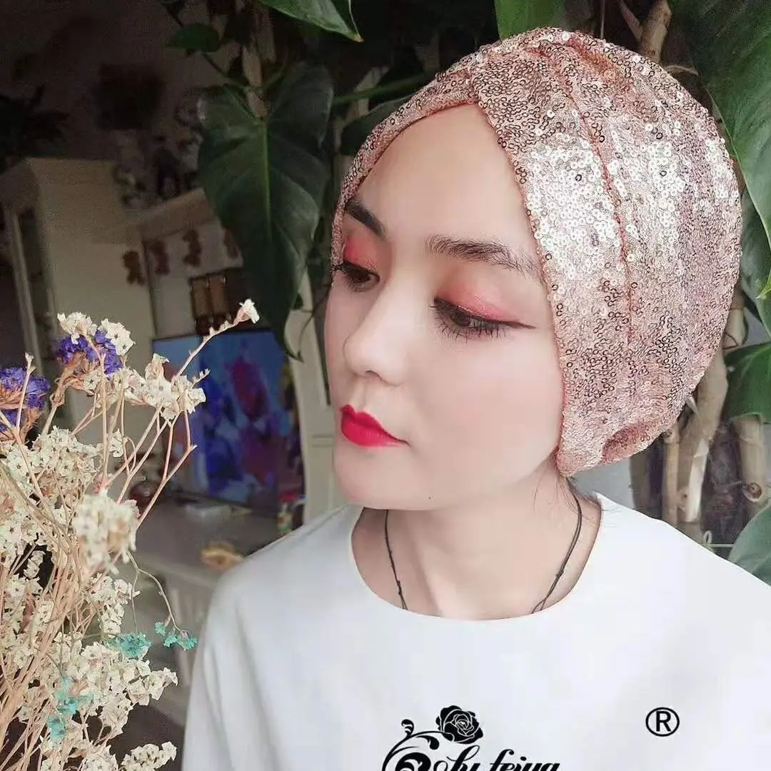 

Fashion Glitter Turban Indian Hat Twist Beanies Shinny Headscarf Sequin Head Wrap Women Chemo Cap Muslim Inner Hijab Turbante