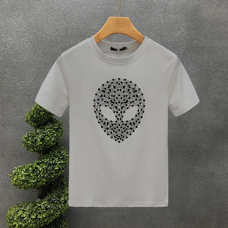 Casual Clothes Short Sleeve men Oversized 100% Cotton Brand T-shirt For Men Luxury Tees Line Alien Print T Shirt  COTTON