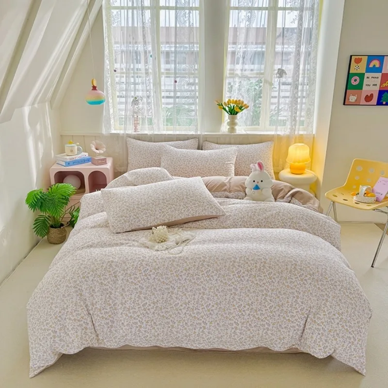 Soft and waxy small fresh washable printed four-piece bedding quilt cover sheet home four-piece set