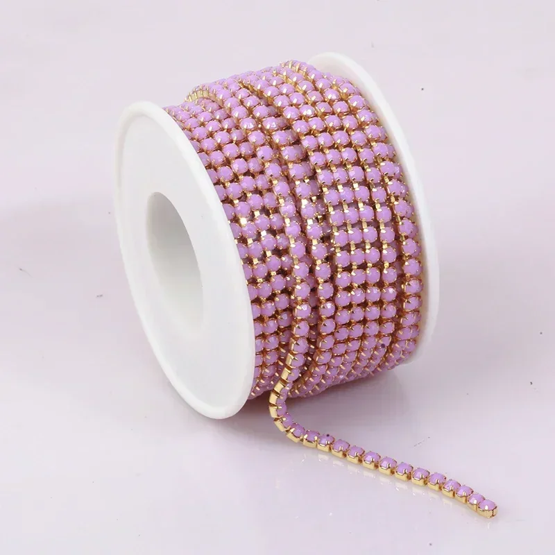 PEESOM 2mm/3mm Sewing Colorful Acrylic Rhinestone Trim Chain Gold Claw Dense Cup Chain Apparel Strass Banding for DIY Garments