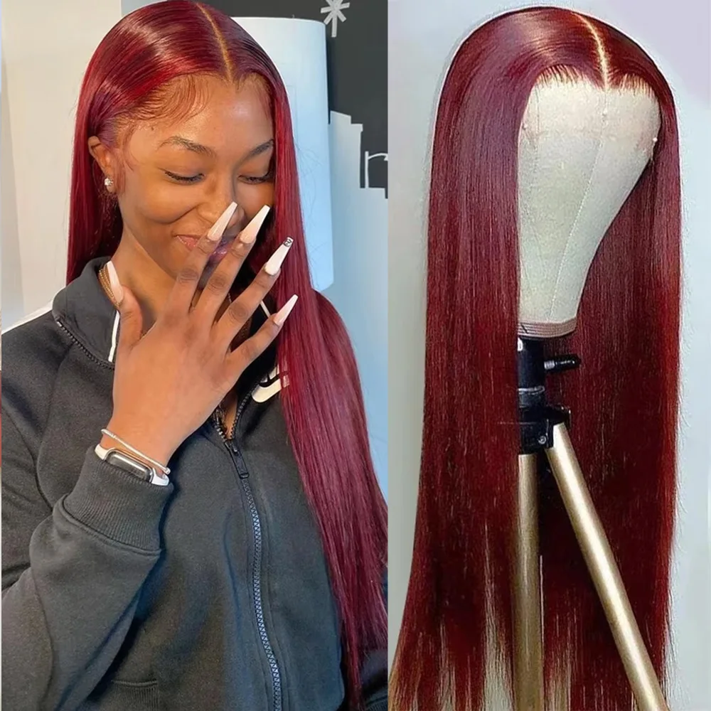 

99J Burgundy 13x6 Lace Frontal Human Hair Wig 99J Brazilian Straight Lace Frontal Human Hair Wigs 200 Density 46 Inch For Women