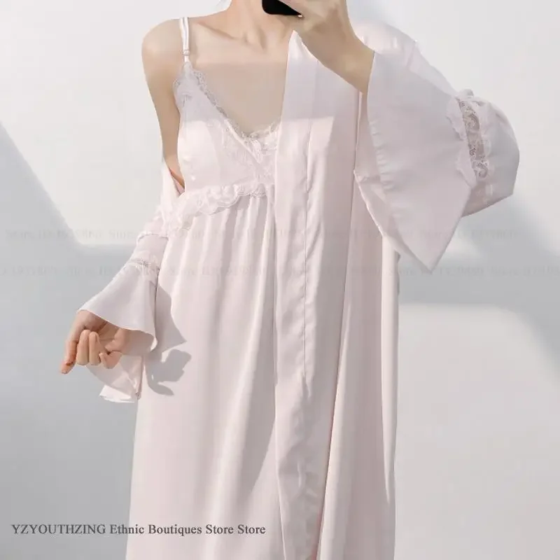 

New Female Twinset Robe Set Loungewear Sexy Lace Trim Suspender Nightgown Lingerie Spring Summer Sleepwear Home Dress Loungewear