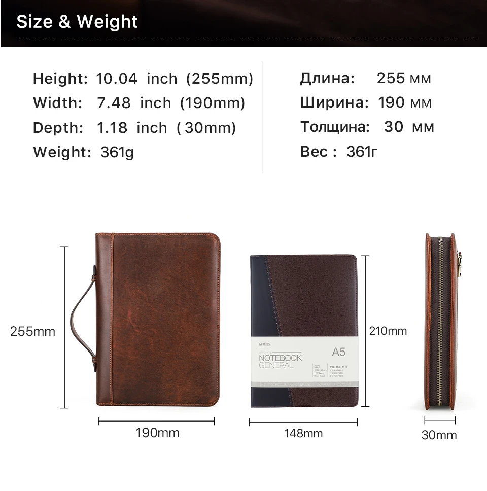 Luxury Retro Handmade Cowhide Leather Notebook A5 Case with zipper Pen Holder Phone Bag Journal Office Diary Travel Portfolio