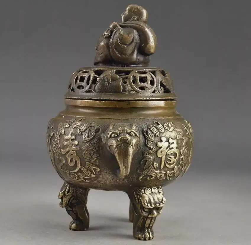 Century Chinese Brass Vintage Hand Hammered Buddha Exorcist Incense Burners