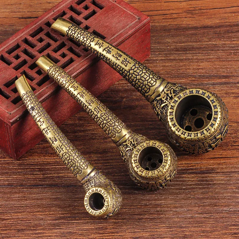 Vintage Brass Bent Smoking Tobacco Pipe Accessories Chinese Traditional Pure Copper Cigarette Holder Collections