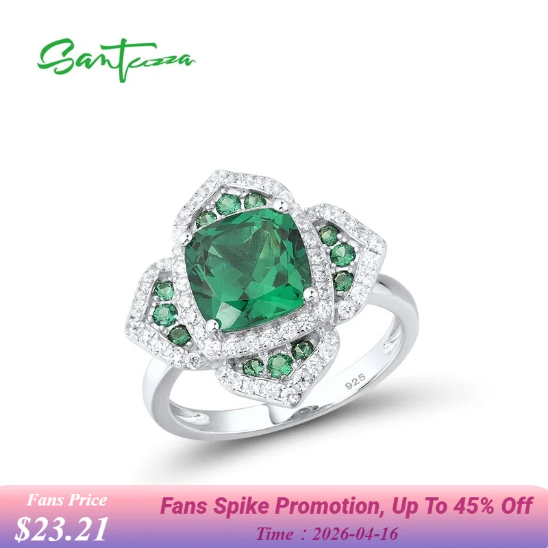 

SANTUZZA Genuine 925 Sterling Silver Rings For Women Sparkling Square Green Spinel White CZ Flower Ring Luxury Fine Jewelry