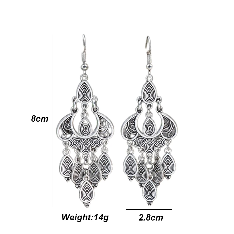 Vintage Ethnic Style Hollow Water Drop Pendant Earrings for Women Long Antique Silver Color Elegant Earring Jhumka Jewelry