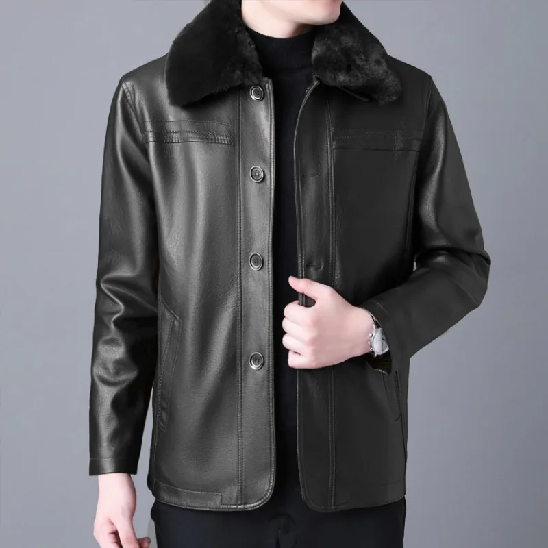 

Leather Jacket Men Clothing Trend Winter Coats Fleece Warm Long Sleeve Single Breasted Pockets Casual Windproof Outerwear New