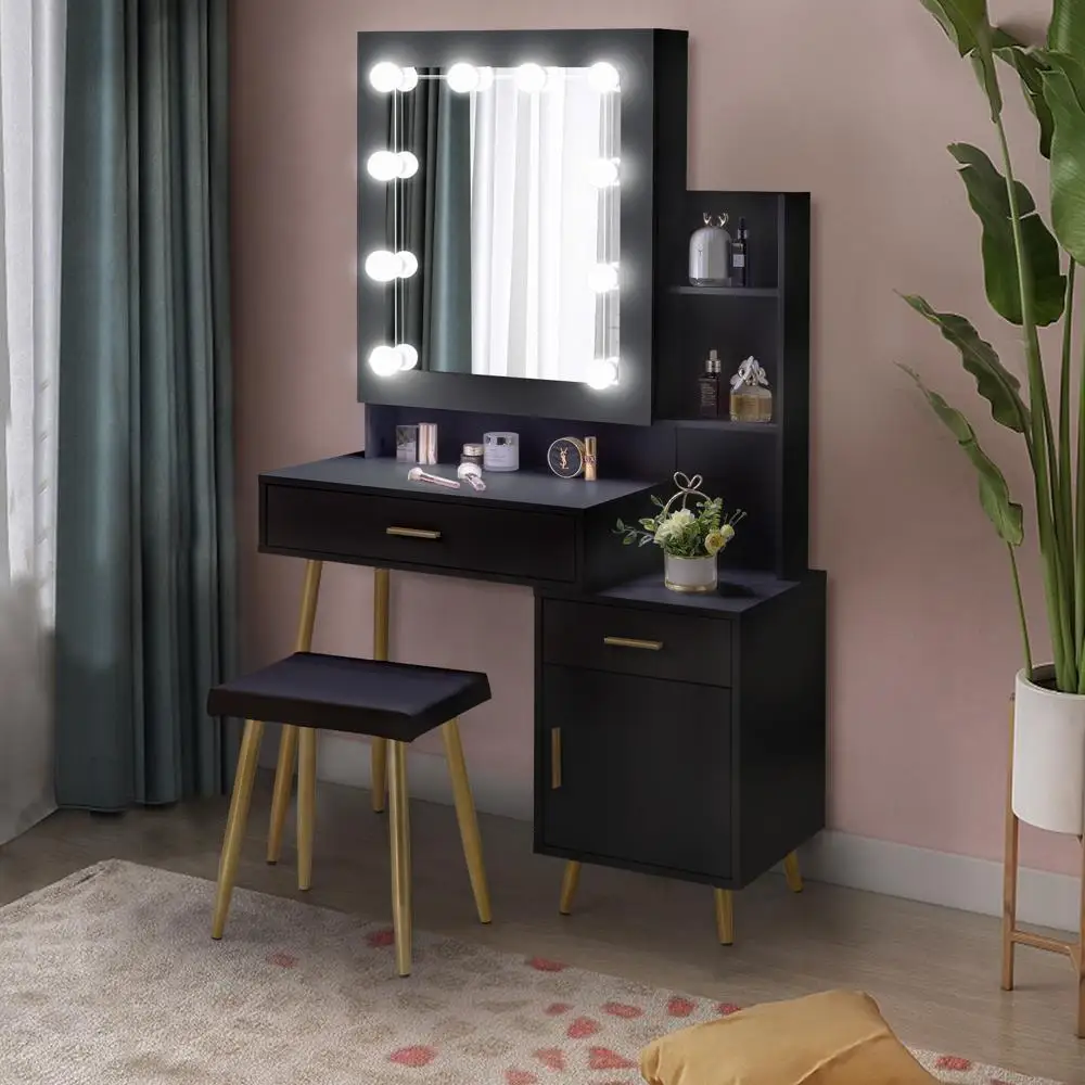 10 LED Sliding Mirror Makeup Vanity Table with Drawer Dressing Storage Cabinet