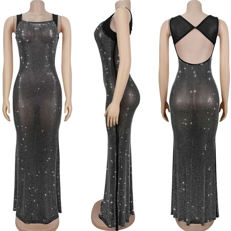 Doyerl Sparkly Diamonds Birthday Dresses Luxury Women Birthday Night Club Mesh Sheer Backless Sheath Party Prom Long Dress Robes