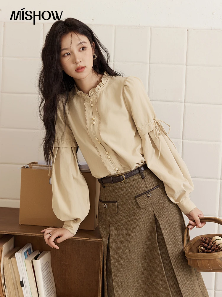 MISHOW Light Khaki Blouse Female Sweet Basic Long-sleeved Blouse Autumn New French Ruffled Edge Temperament Tops MXD43C0329