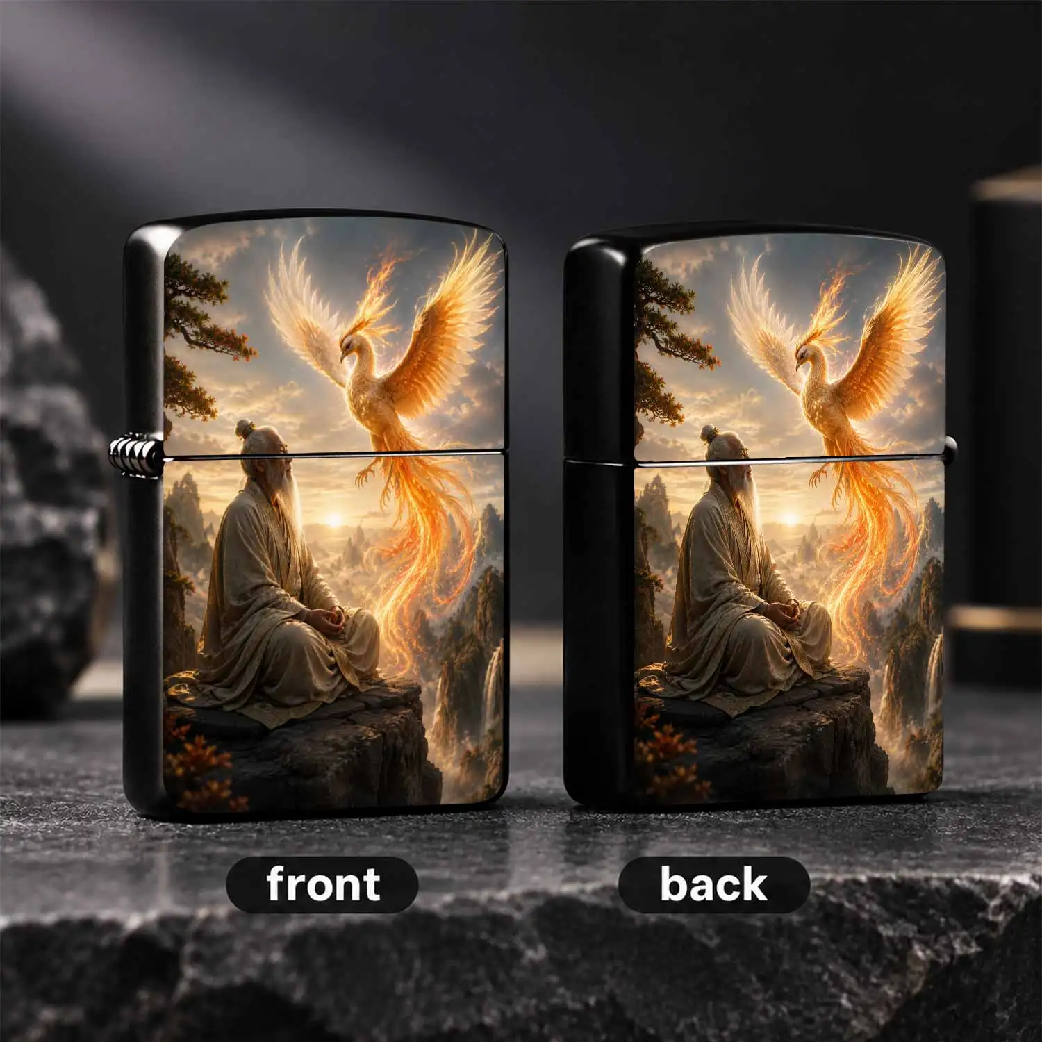 Eastern Style Style Mythology Lighter, Zen Sage And Glowing Phoenix Design, Sunrise Sea Of Clouds Mountain Scene Art Piece, Exquisite Oriental Aesthetic Accessory, Ideal For Daily Use Gifting Collection, Fits All Scenarios As Distinctive De