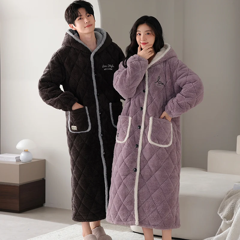 Thick 3 Layer Clip Cotton Bathrobe Men and Women Winter Warm Hooded Kimono Bath Robe Male Dressing Gown