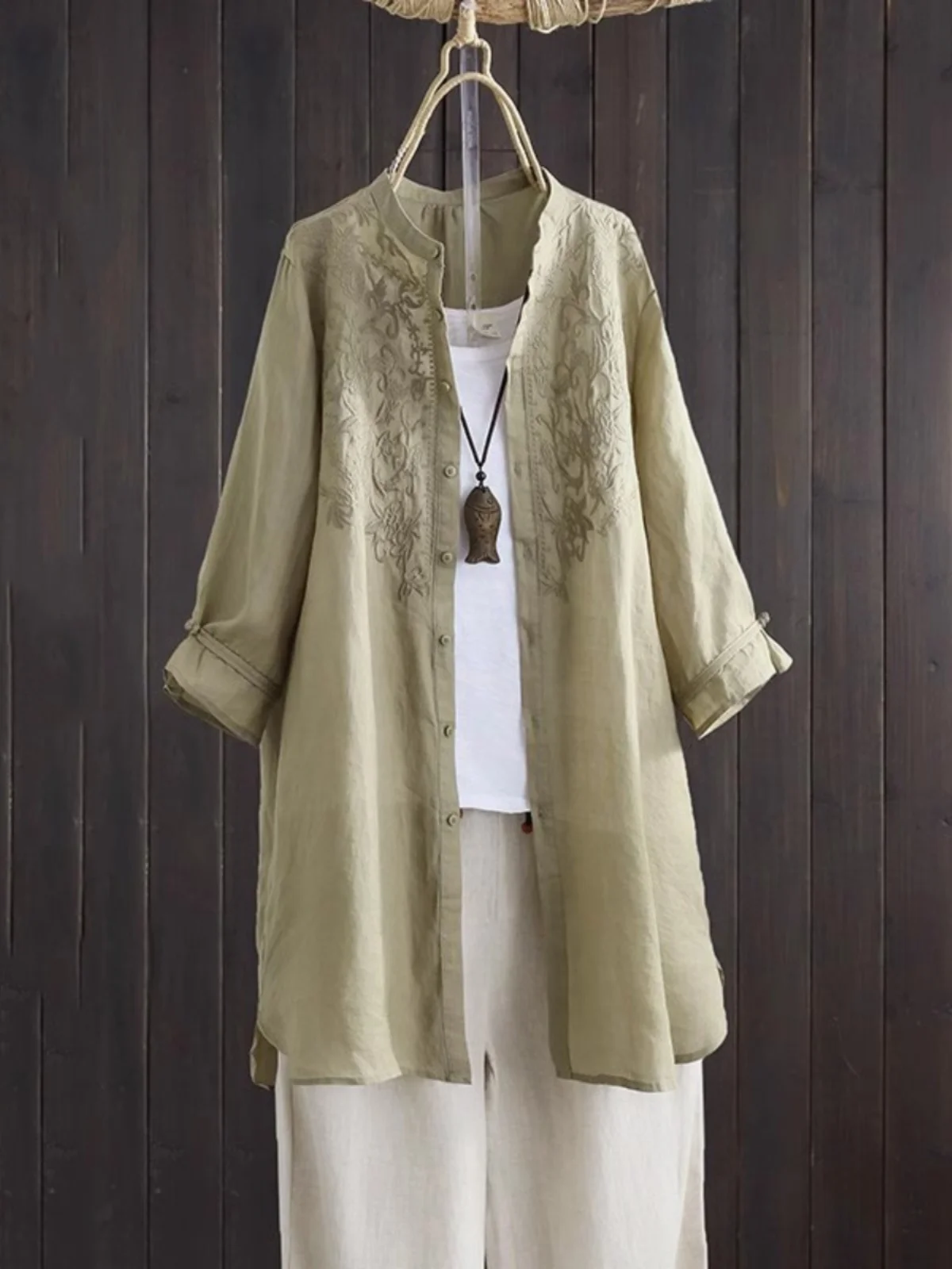 Retro Artystyczna Haftowana Lniana Sukienka Midi Duży Rozmiar Damska Asymetryczna Cienka Ochrona Przed Słońcem Otwarta...