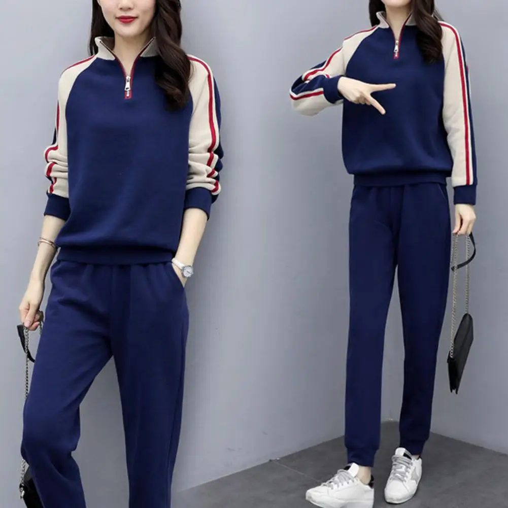 Women Stylish Suit Set Women\'s Color Matching Tracksuit Set with Stand Collar Sweatshirt Elastic Waist Pants for Fall Winter 2