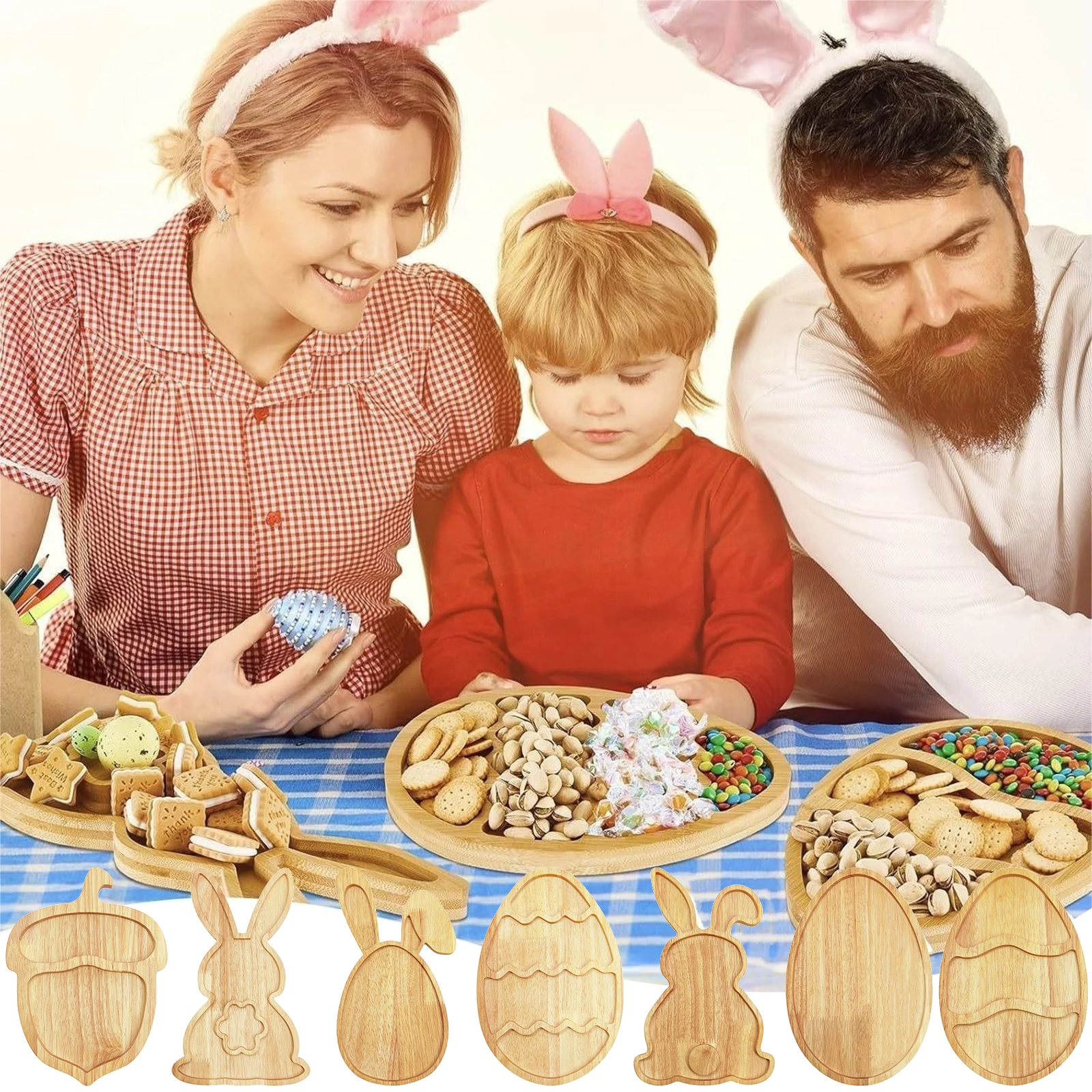 Wooden Serving Platter Easter Egg Bunny Decoration Tray Rustic Festivals Decorative Tray Board for Fruit Candy Multiuse Plates