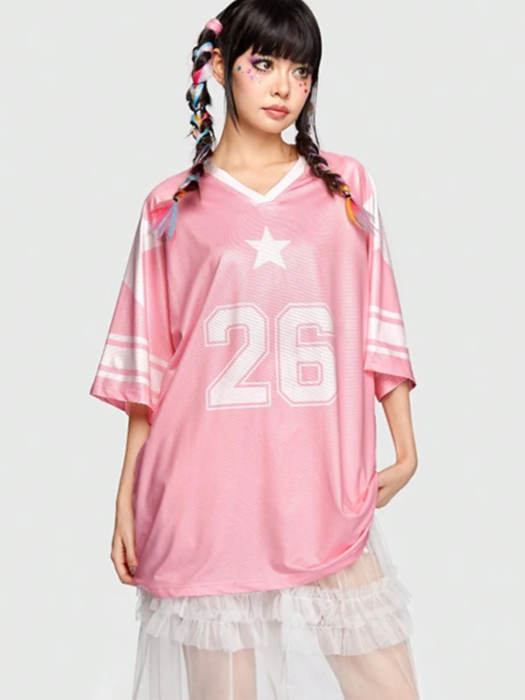 

Y2K newly arrived pink basketball women's T-shirt sports short-sleeved T-shirt hip-hop O-collar striped printed oversized street