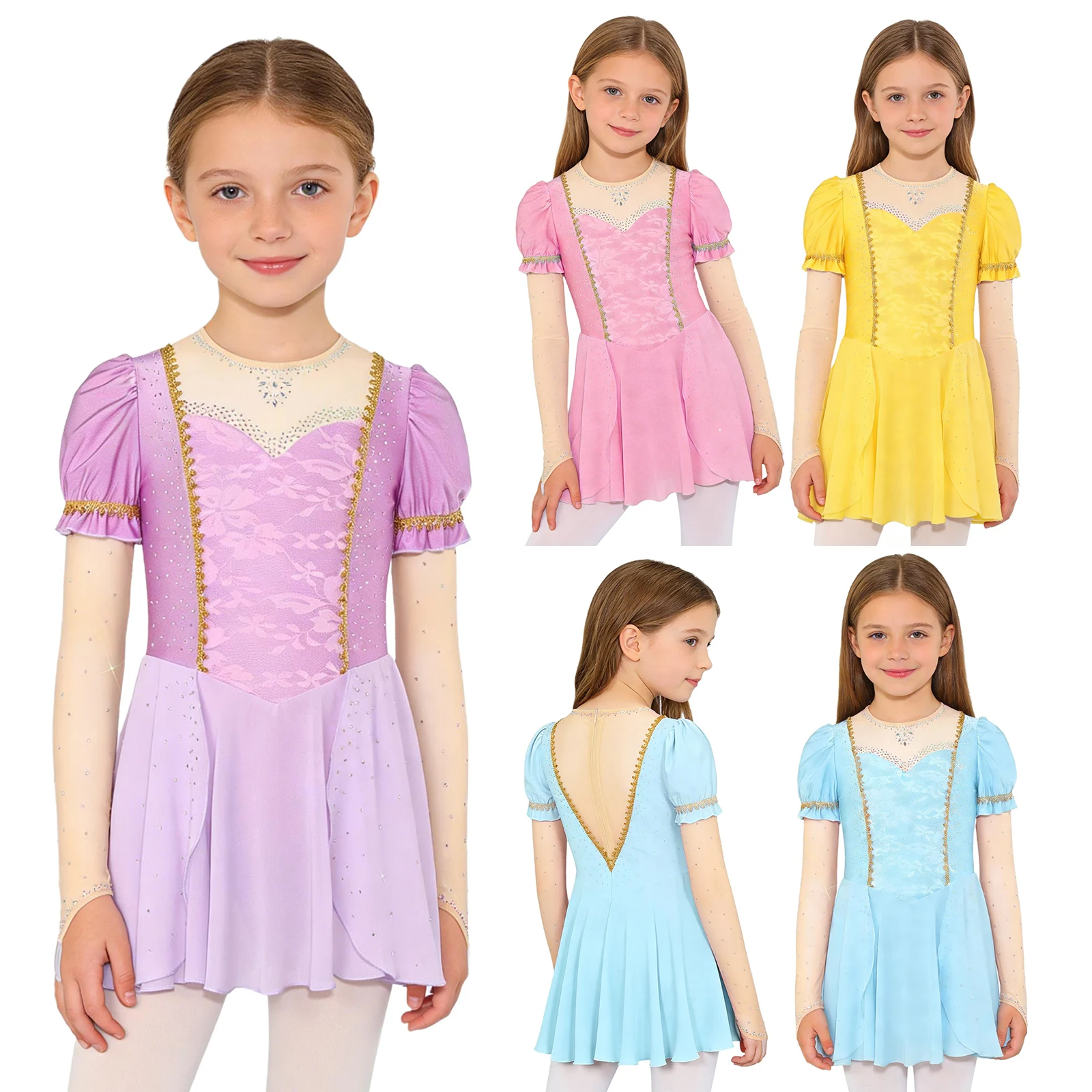 

Kids Girls Lovely Princess Dance Dress Sparkly Rhinestones Patchwork Ruffled Elegant Chiffon Dress Pageants Ballet Tutu Leotard