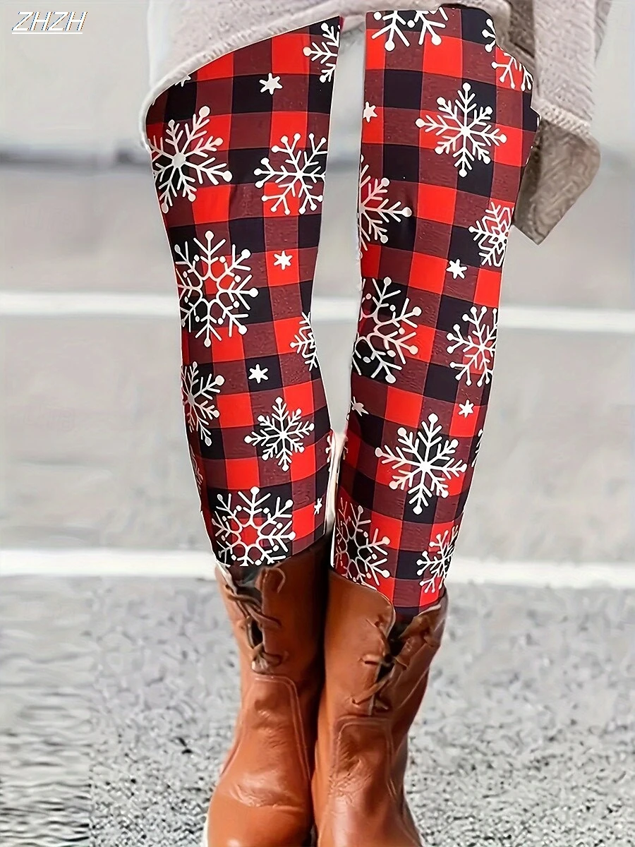 กางเกงเลกกิ้งผู้หญิงลายคริสต์มาสลายสก๊อตเก๋ๆ ลายเกล็ดหิมะ ผ้าโพลีเอสเตอร์ผสมสแปนเด็กซ์ ยืดหยุ่น เอวยางยืด กระชับทรง ใส่สบาย สไตล์สตรีท