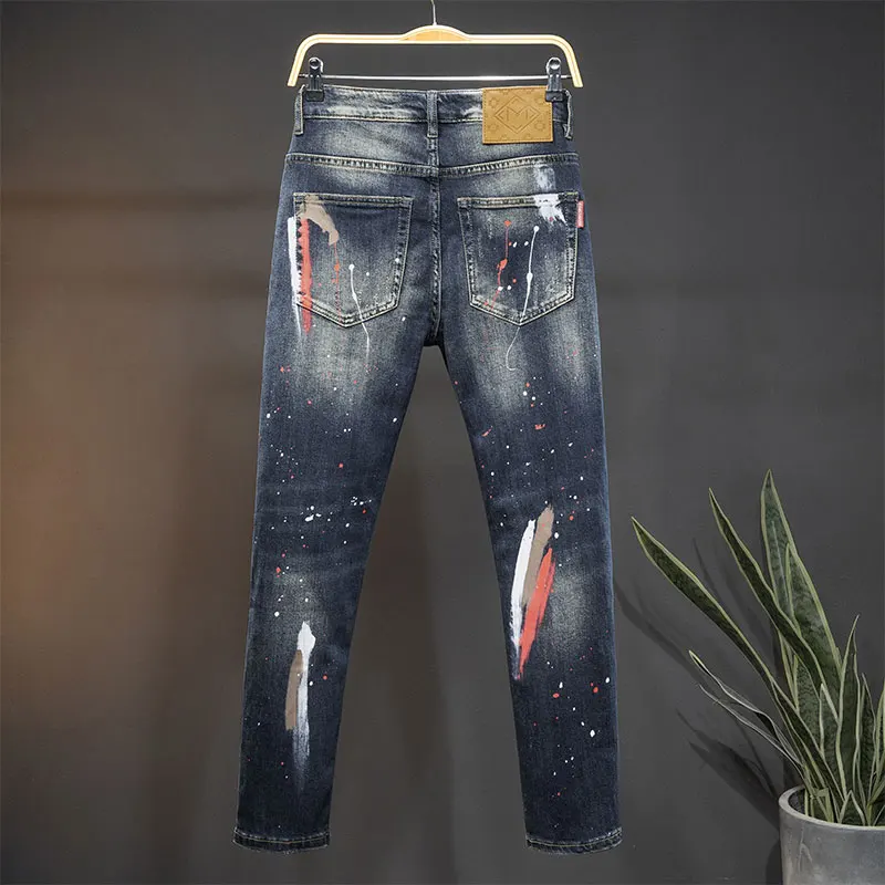 Personality Design Stitching Men's Jeans Slim Fit Ankle Tight Trousers Youth Trendy All-Match Stitching Motorcycle Tight Pants