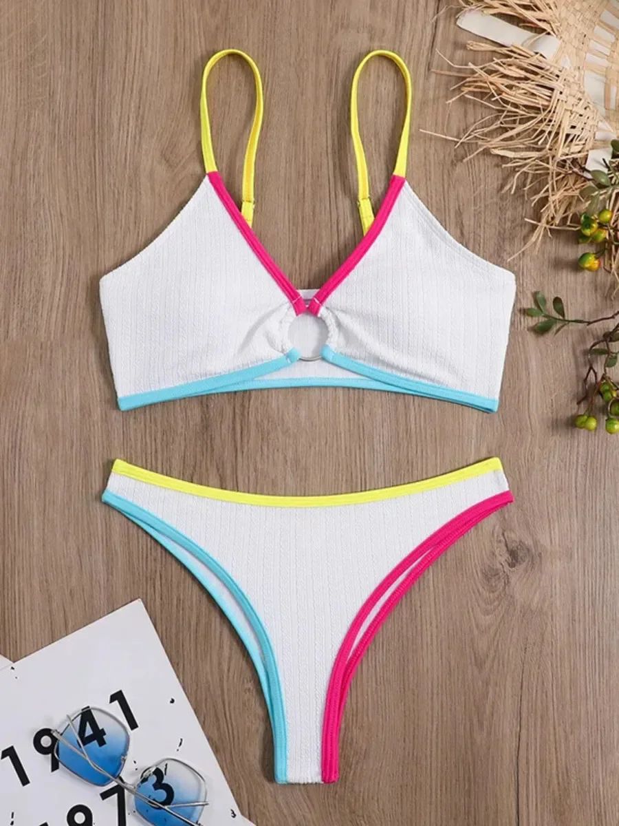 White Patchwork Swimsuit for Women 2025 New 2 Piece Color Contrast High Waist Bikini Sexy Hollow Out V-neck Suspender Swimwear