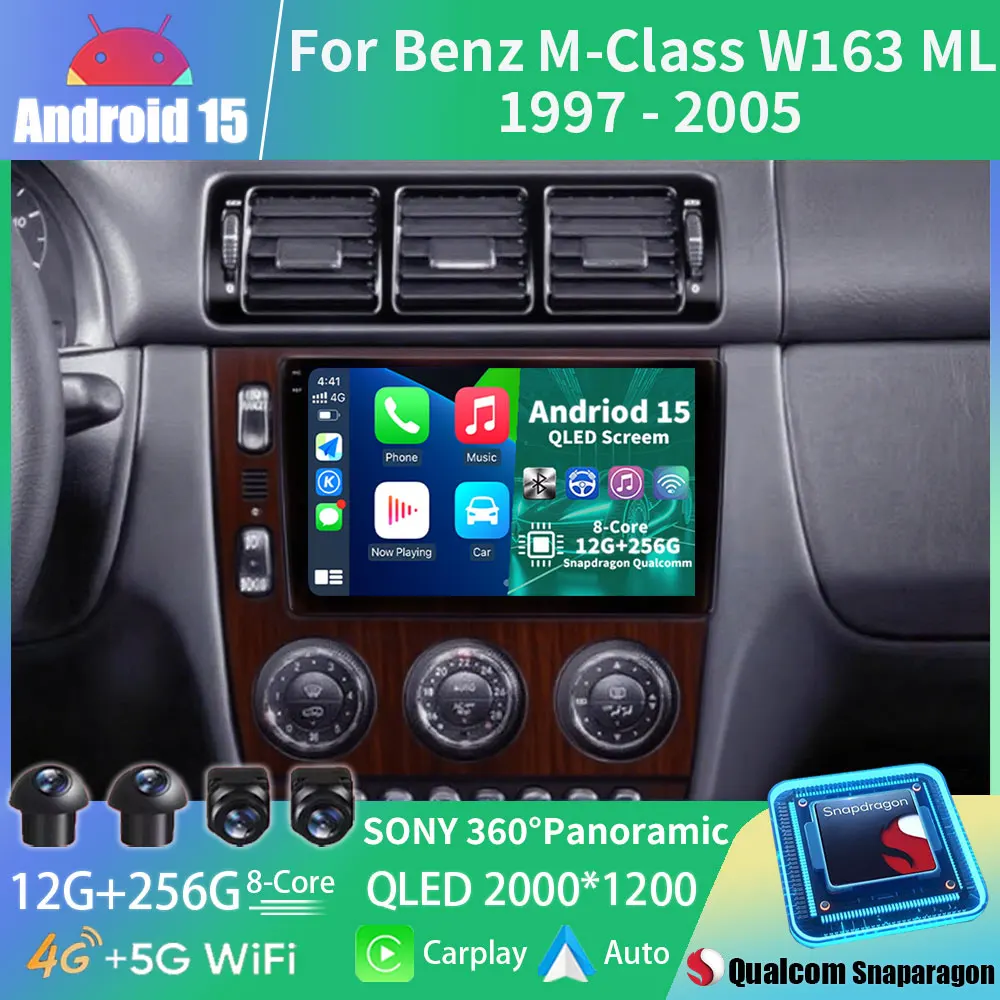 Автомобильный радиоприемник Android 15 для Mercedes Benz M-Class W163 ML 1997-2005 GPS Мультимедийный плеер Carplay 360 Камера Стерео головное устройство DSP