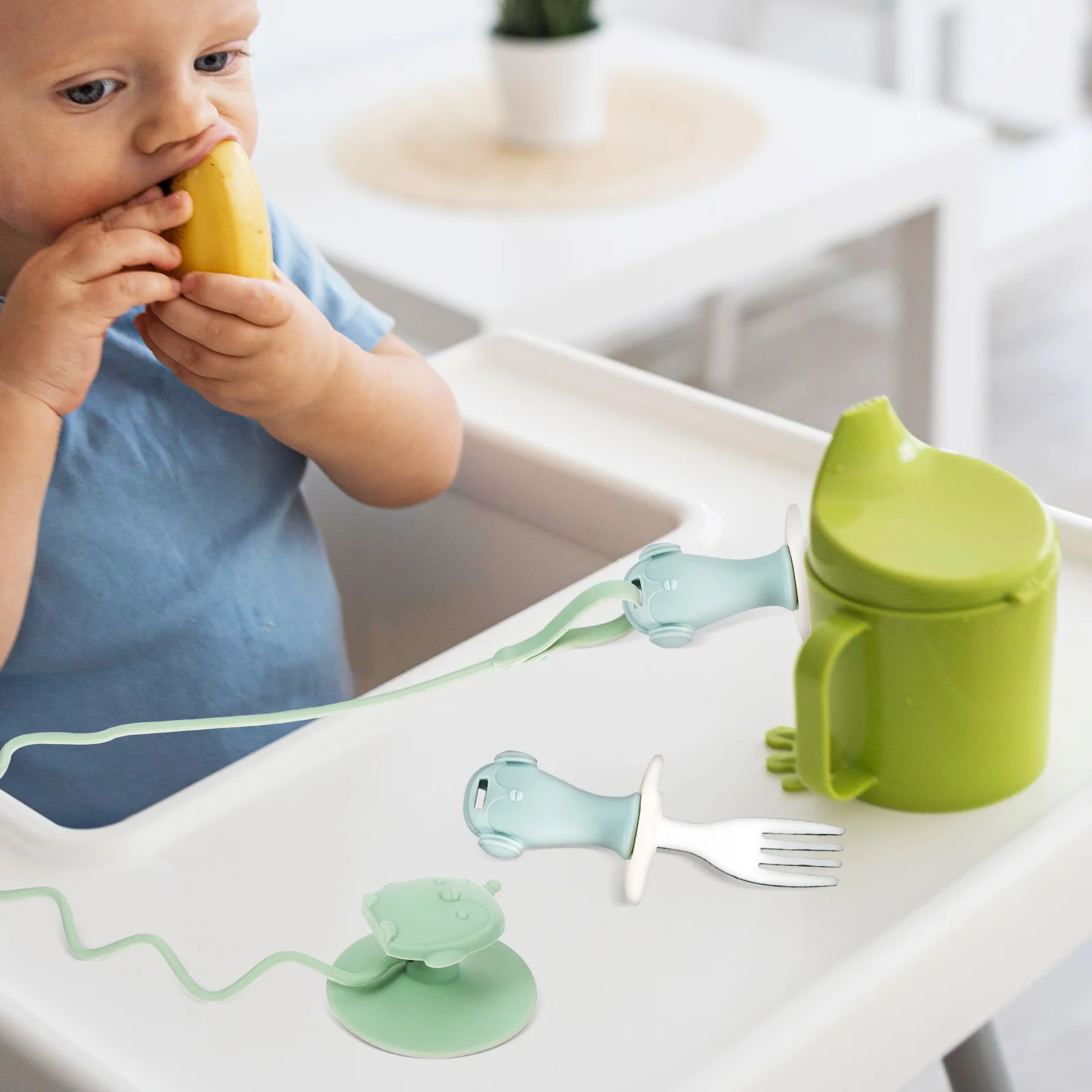 

Stainless Steel Training Spoon Fork Blue Anti Drop Chain Baby Utensils Holder Infant Feeding Bowls Practical