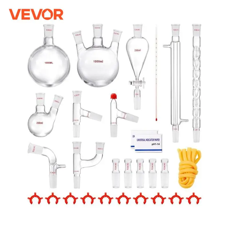 VEVOR 29PCS Essential Oil Distillation Kit 1000ml Distillation Apparatus 3.3 Boro Lab Glassware with Alcohol Lamp Ceramic Mesh