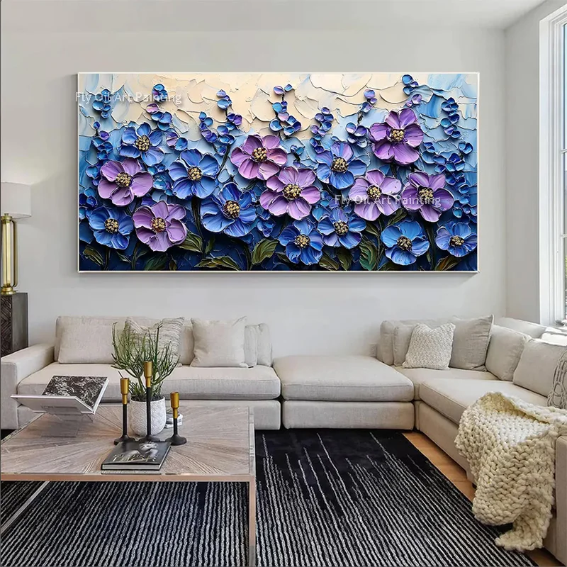 Beautiful Colorful Spring Flowers Knife Thick Oil Painting Handpainted Large Purple Floral Canvas Wall Art Modern Artwork Decor