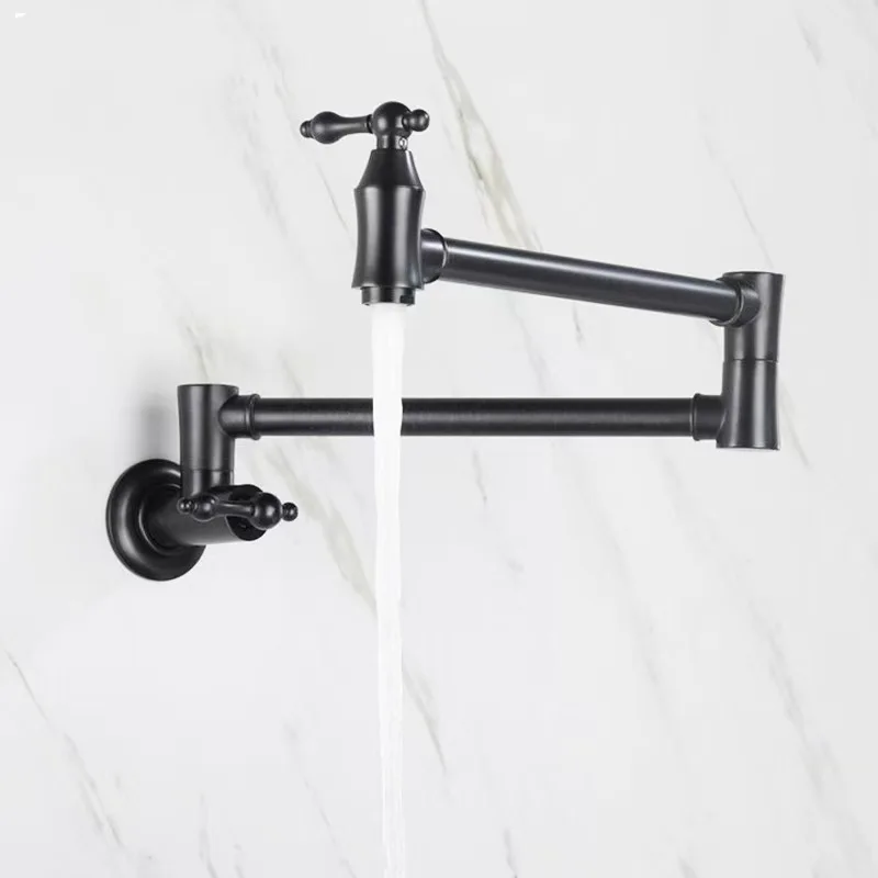 

Modern Style Gun Grey Brass Wall-Mounted Retractable Folding Kitchen Faucet Dual Handle Pot Filler Kitchen Sink Tap