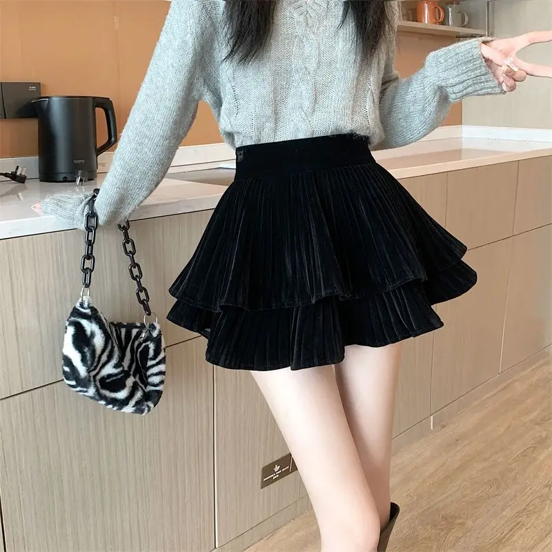 

Korean Version High-Waisted Skirt Autumn Winter Female Gold Velvet Japanese Style Slimming Niche Design Pleated Cake Tutu Skirt