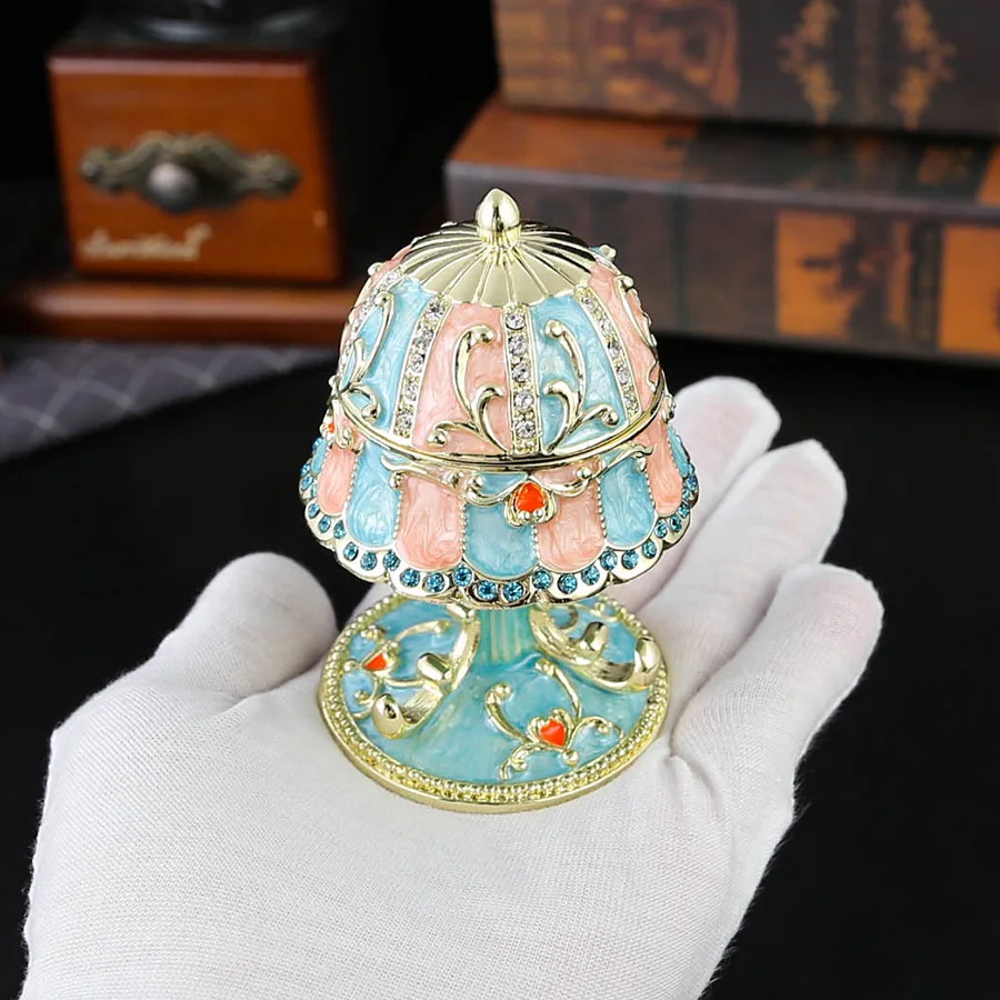 Retro Table Lamp Shape Trinket Box Hand-Painted Small Jewelry Box Metal Keepsake Box Enamel Gift for Women suitable for Birthday
