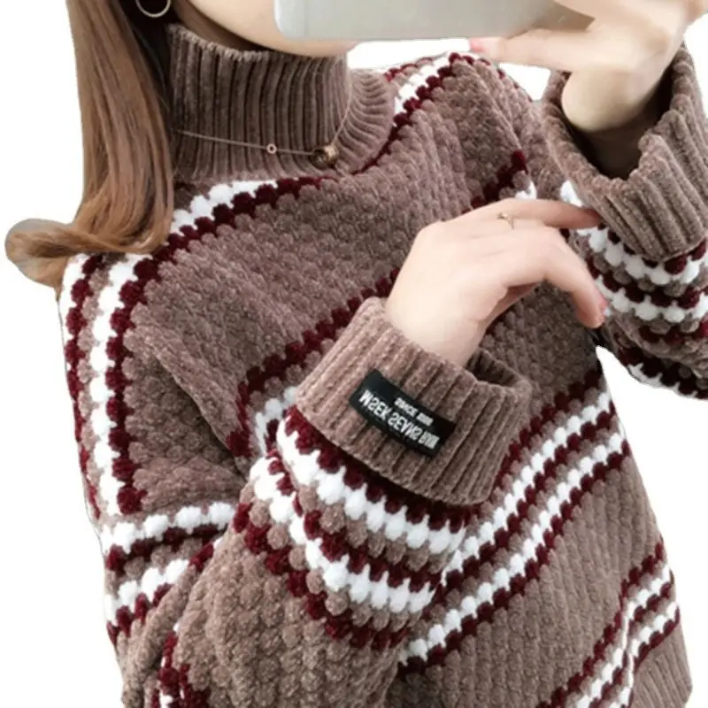 Women Autumn and Winter Korean New Turtleneck Sweater Commuting Fashion Stripes Student Wear Knit Sweater Cozy Long Sleeved Tops