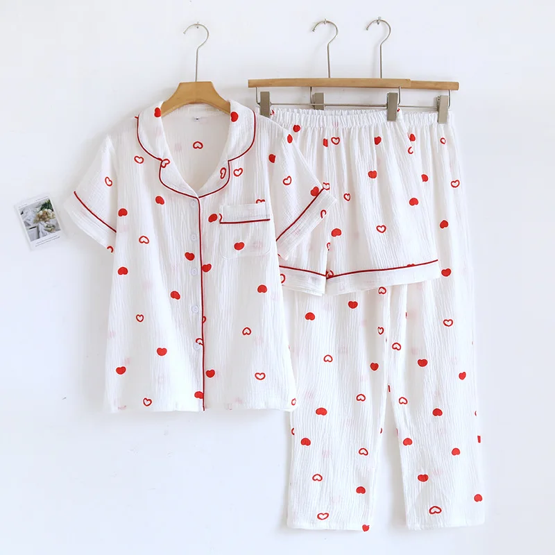 2024 Japanese New Spring/Summer Women\'s Pajama Set 100% Cotton Crepe Love Short Sleeves+Shorts+Pants Three Piece Loose Home Fury