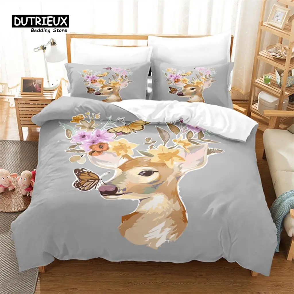 Cartoon Elk Duvet Cover Giraffe Deer Bedding Set Full For Kids Teens Room Decor Wild Animal Floral Quilt Cover With Pillowcases