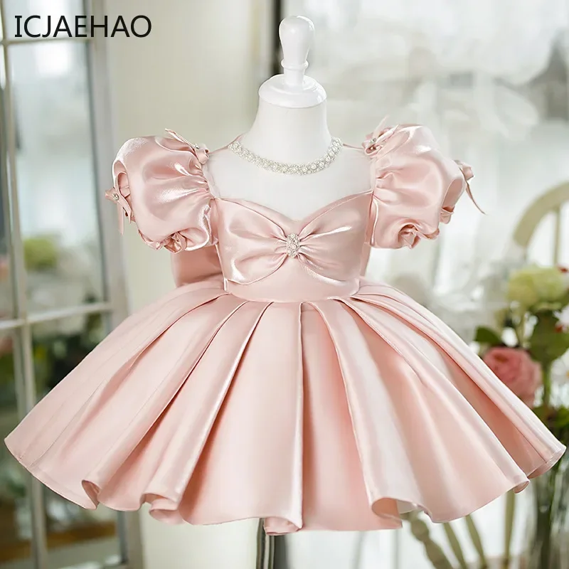 ICJAEHAO 2024 New Children Elegant Princess Dress Baby Girls Cute Bow Puff Sleeve Birthday Party Clothes Teenage Dress for Girls