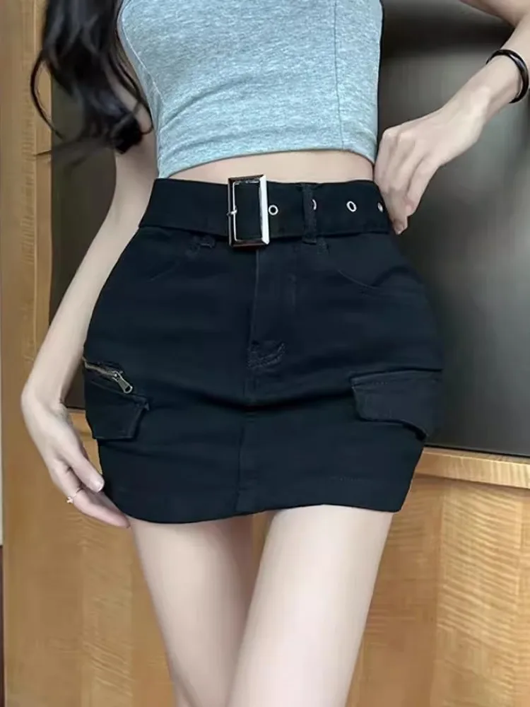 Summer New Women Sexy Mini Skirt Belted High Waist A Line Slim Fit Denim Skirt Casual Pockets Design Night Clubwear Wrap Skirt