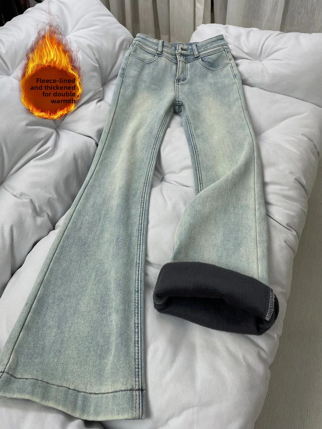 Slim Fit Fleece Lined Thickened Micro Flared Jeans Women's High Waist Denim Pants Winter Season Commute Style Cotton Material