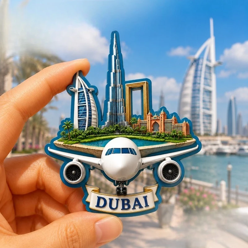 Dubai Landmark Airplane Fridge Magnet- Futuristic 3D City Souvenir Unique Middle Eastern Gift