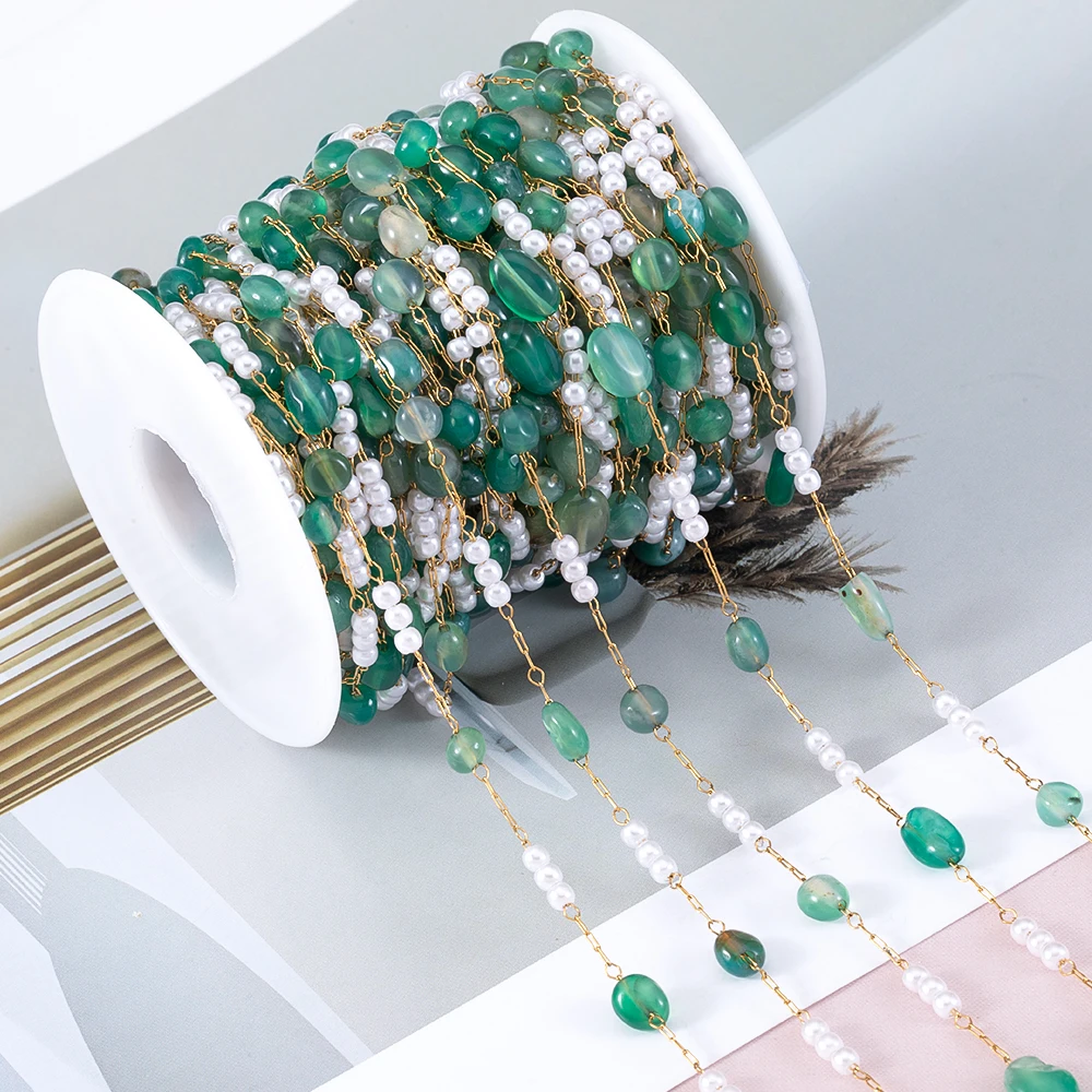 1 Meter Golden Stainless Steel Chain Embedded with Irregular Green Crystal Beads & Triple Pearls Handmade Necklace Accessories