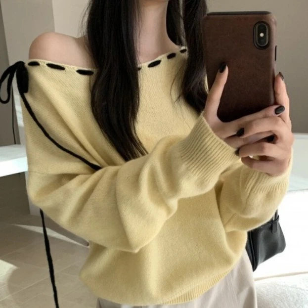 

Y2k Slash Neck Bandage Knitted Pullovers Women's Clothing Sueter Mujer Long Sleeve All Match Jumper Sexy Fashion Solid Sweater