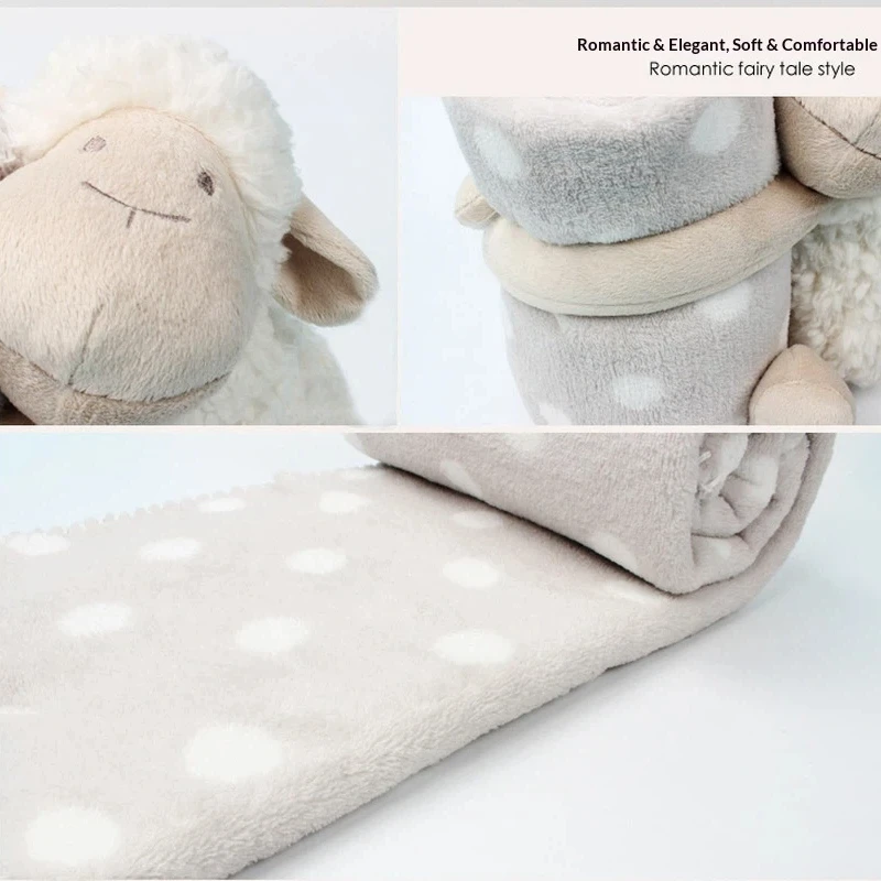 White Sheep Plush Stuffed Toy Soft Cozy Flannel Fleece Blanket Polka Dot Cuddle Companion For Daily Nap Travel Birthday Gift